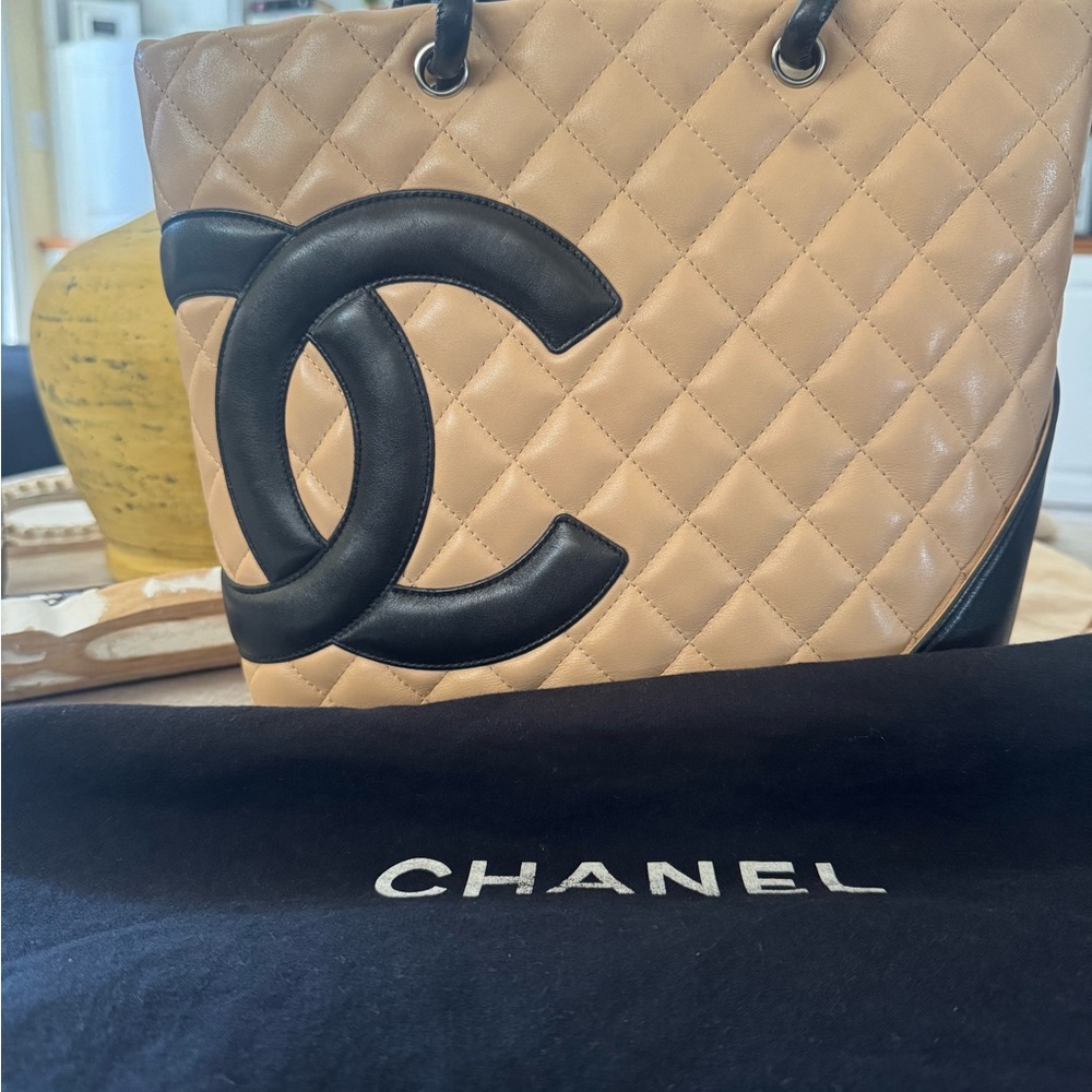 Chanel Beige and Black Quilted Tote